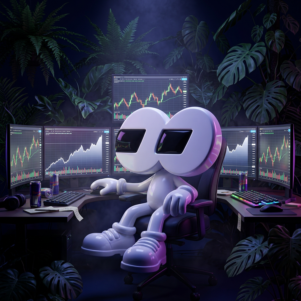Remus trading at a desk covered in glowing charts